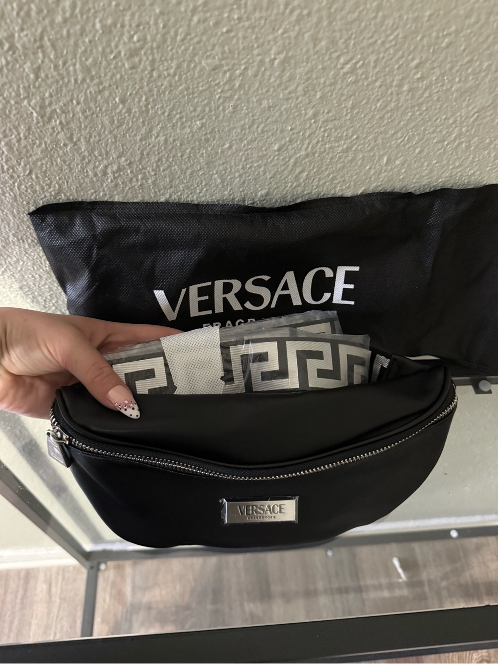 Versace Fragrances Black Belt Bag Fanny Pack Greca Strap